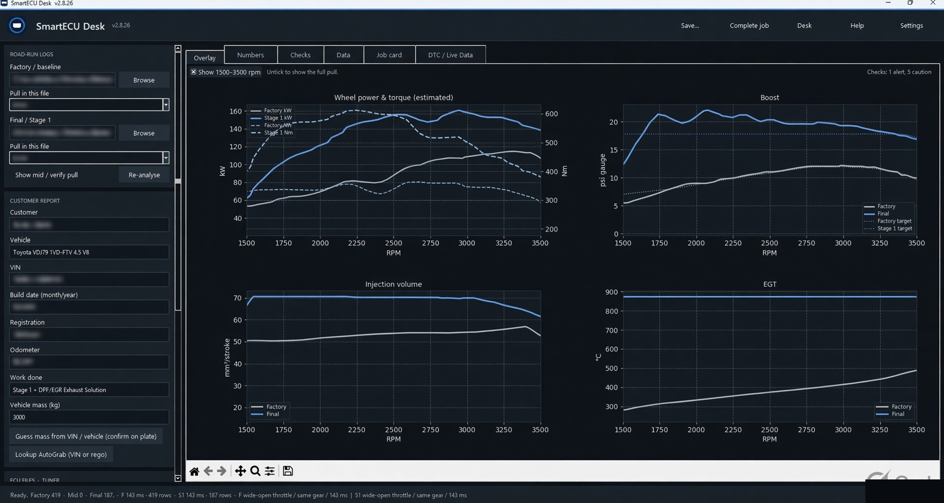 SmartECU Desk overlay comparing factory and modified road pull power boost injection and EGT